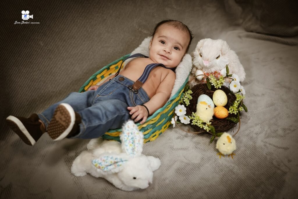 Smiling baby in Easter basket photoshoot with spring props, Kelowna family photographer
