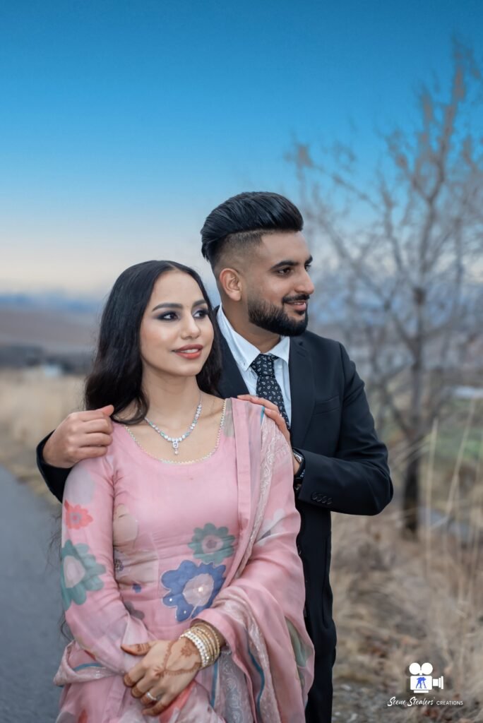 Punjabi couple portrait under a blue Okanagan sky, Kelowna wedding photographer