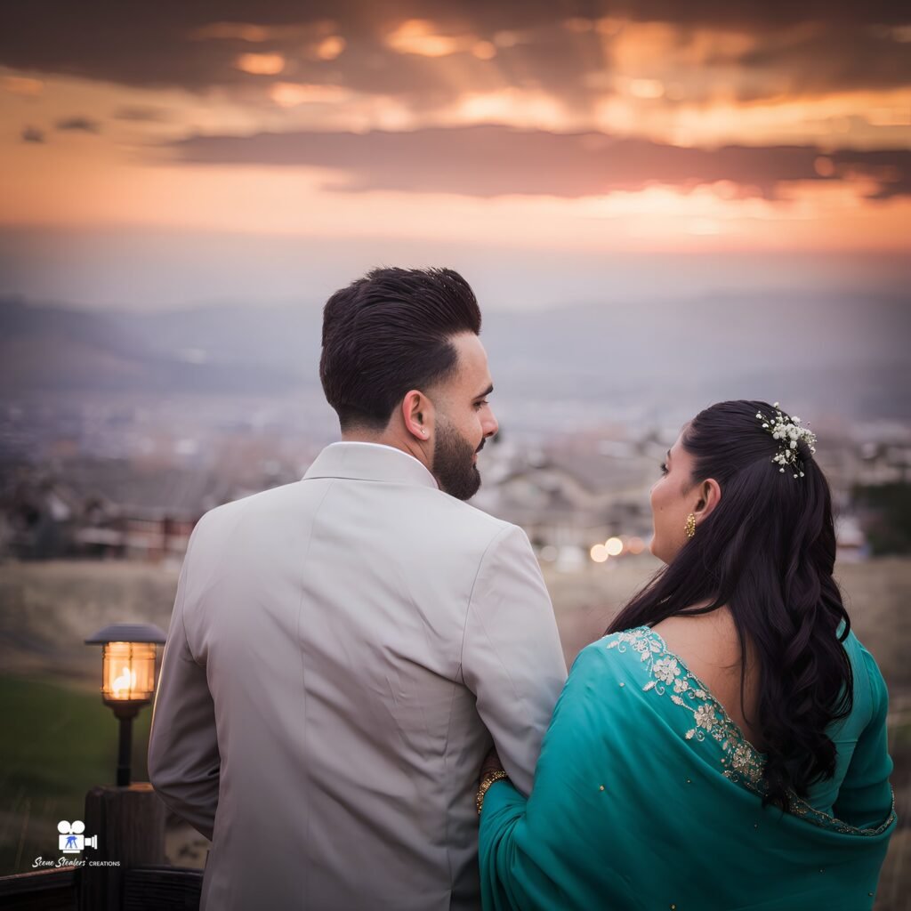 Couple embracing at sunset during pre-wedding photoshoot, Kelowna wedding photography by Scene Stealers Creations