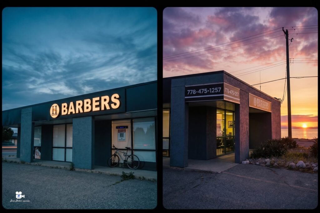 High Fade Barbers storefront day and sunset views, commercial exterior photography