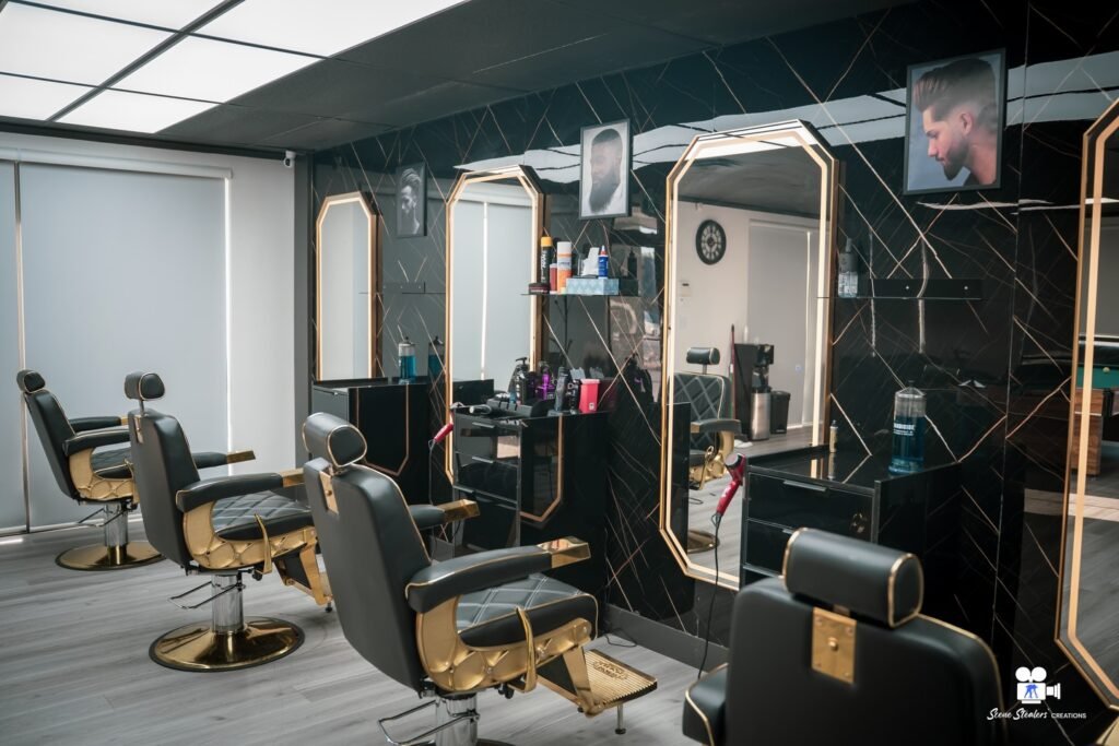 Barbershop styling chairs and illuminated mirrors, High Fade Barbers commercial shoot