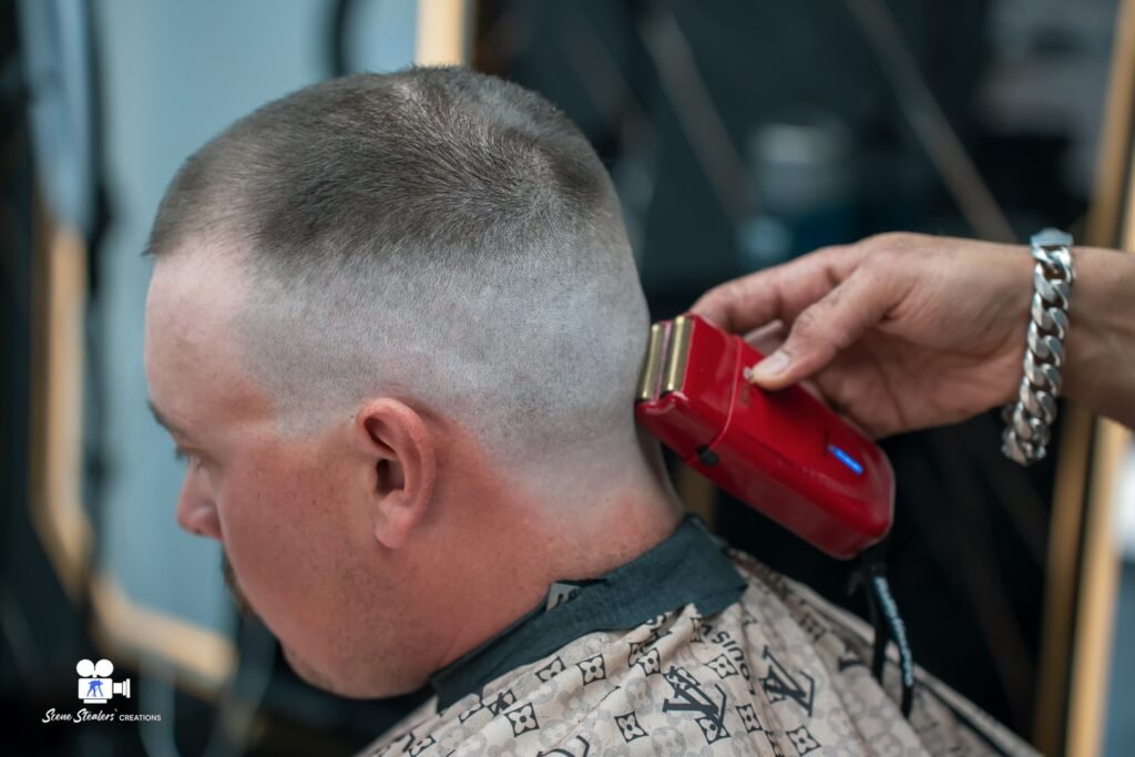 Close-up of skin fade haircut in progress, barber commercial photography