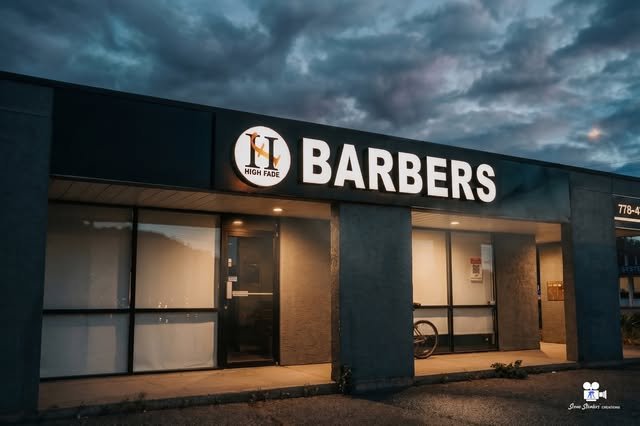 Barbershop storefront at dusk, business ad photography Vernon BC